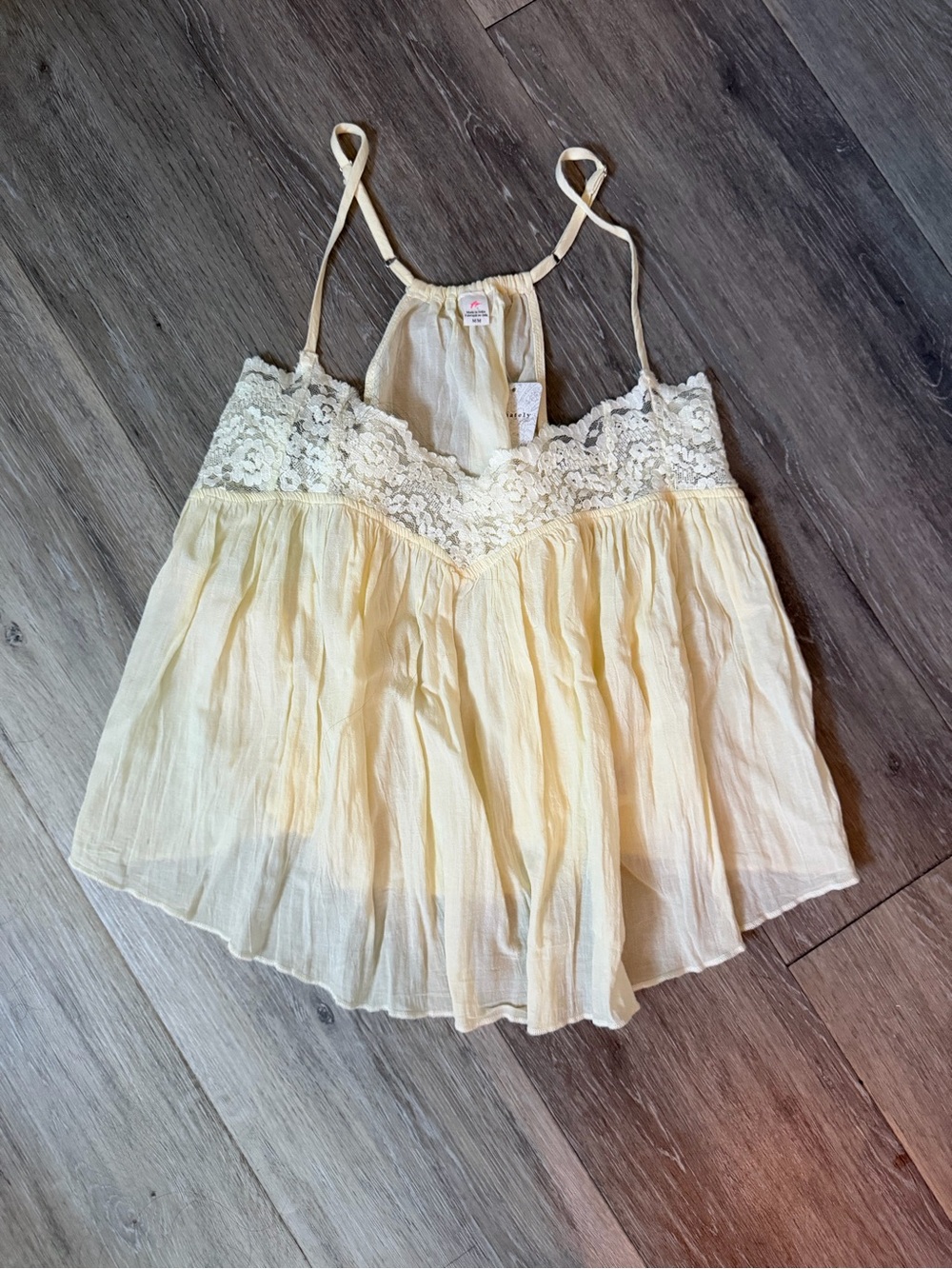 Free People Pale Yellow Lace-Trim Spaghetti Strap tank